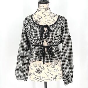 Storia Gingham Cropped Top Women's Small Black White Tie Front NWT